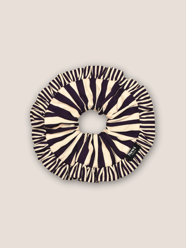 Swirl Frill Trim Scrunchie in Aubergine & Cream Stripe