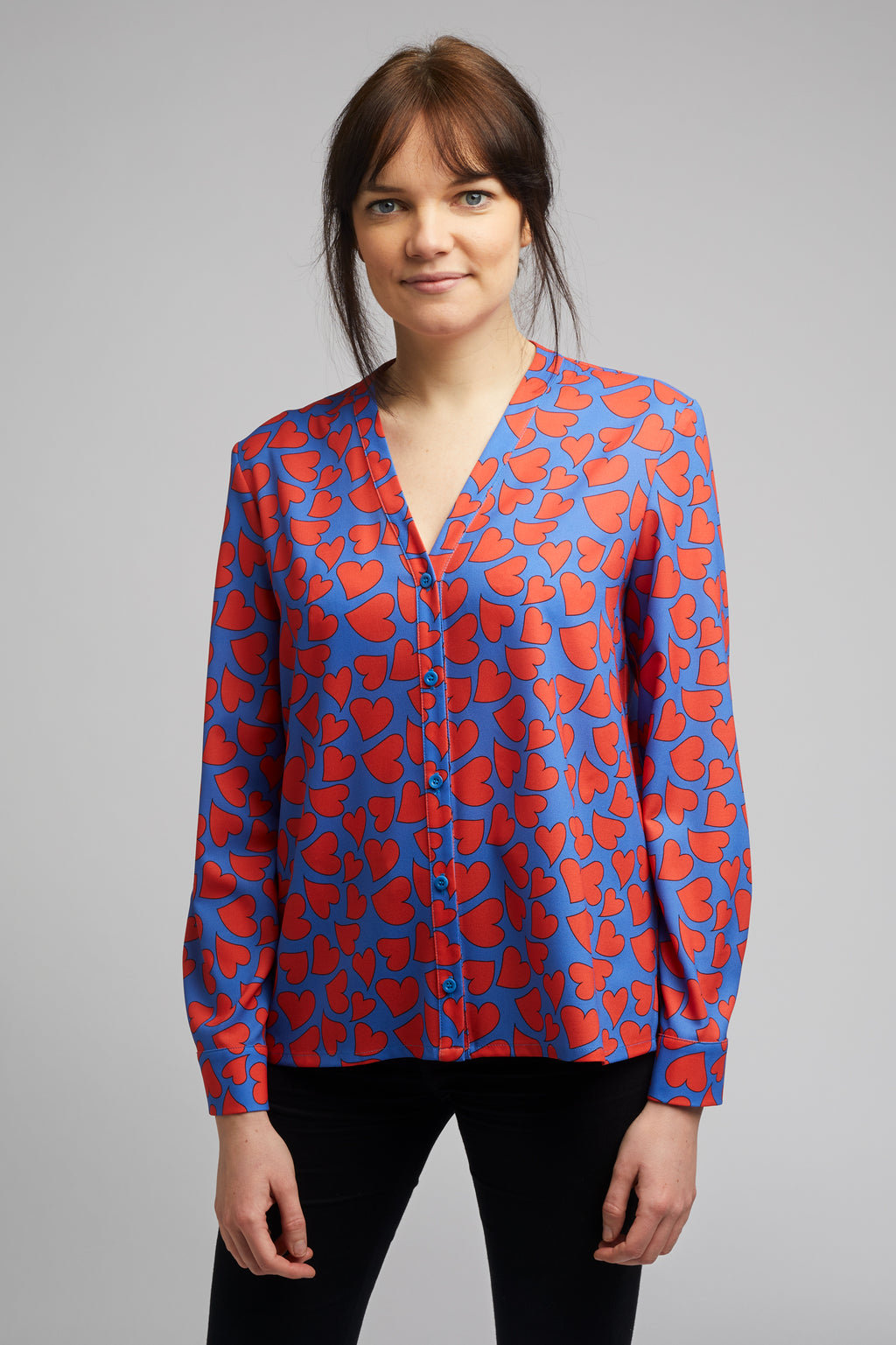 Band Collar Shirt Heart Print