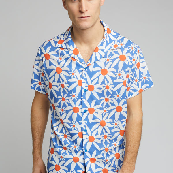 Men's Cuban Collar Shirt Blue Daisy Floral Print | Newt – NEWT LONDON