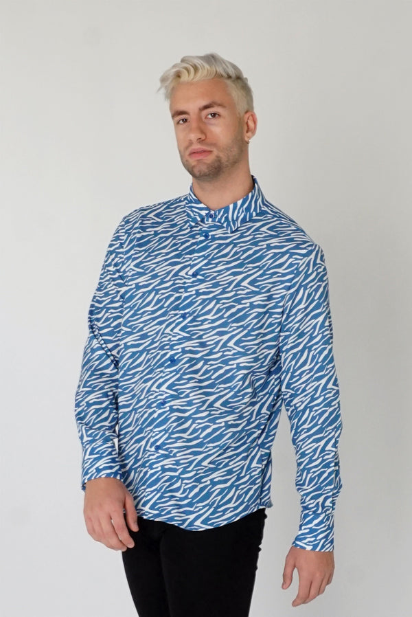 Men's Classic Long Sleeve Shirt in Blue Shima Print
