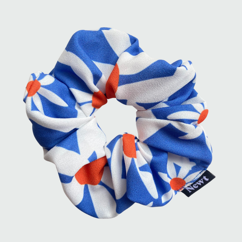 Daisy Print Blue Silky Scrunchie